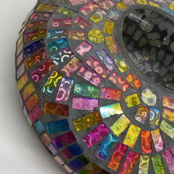 Mosaic Round Hanging Bird Feeder Fly Through Outdoors Pinks Yellow Blues - Picture 9 of 14